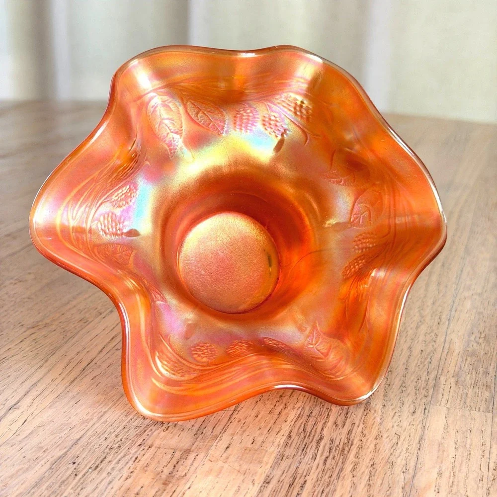 Vtg Marigold Carnival Glass Ruffled Bowl Blackberry & Leaf Iridescent Orange